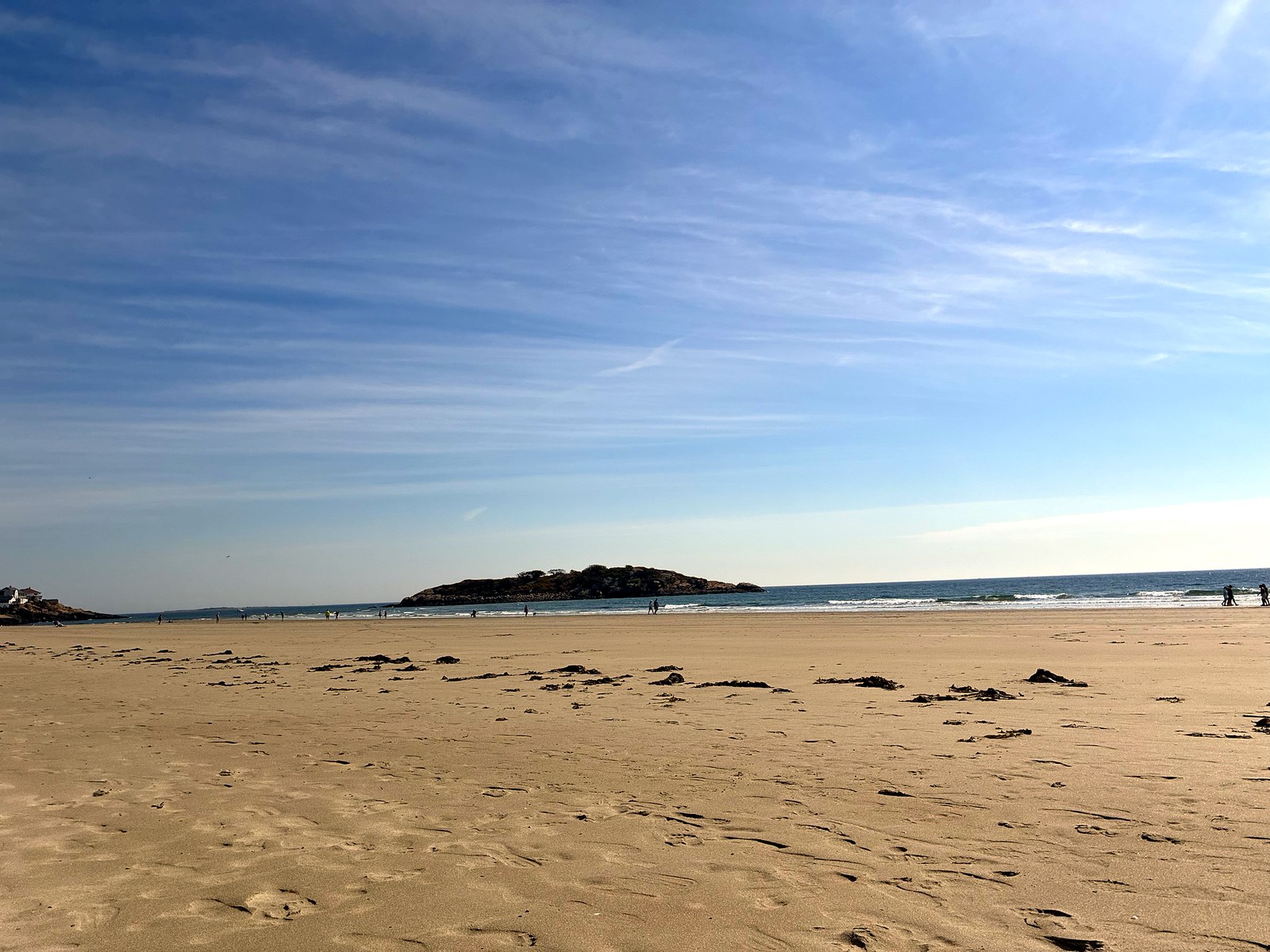Good Harbor Beach at low tide with Salt Island offshore, a few people at the water's edge and thin clouds across a blue sky
